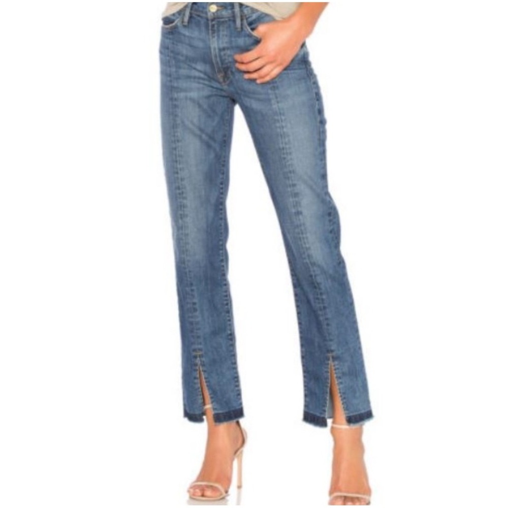 FRAME Le Nouveau Straight Jeans Women Size29 Blue Wash High Rise Split Raw Hem - Picture 1 of 12